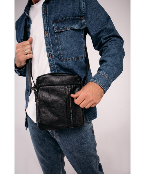 Месенджер через плечо мужской кожаный черный Tiding Bag 9836A